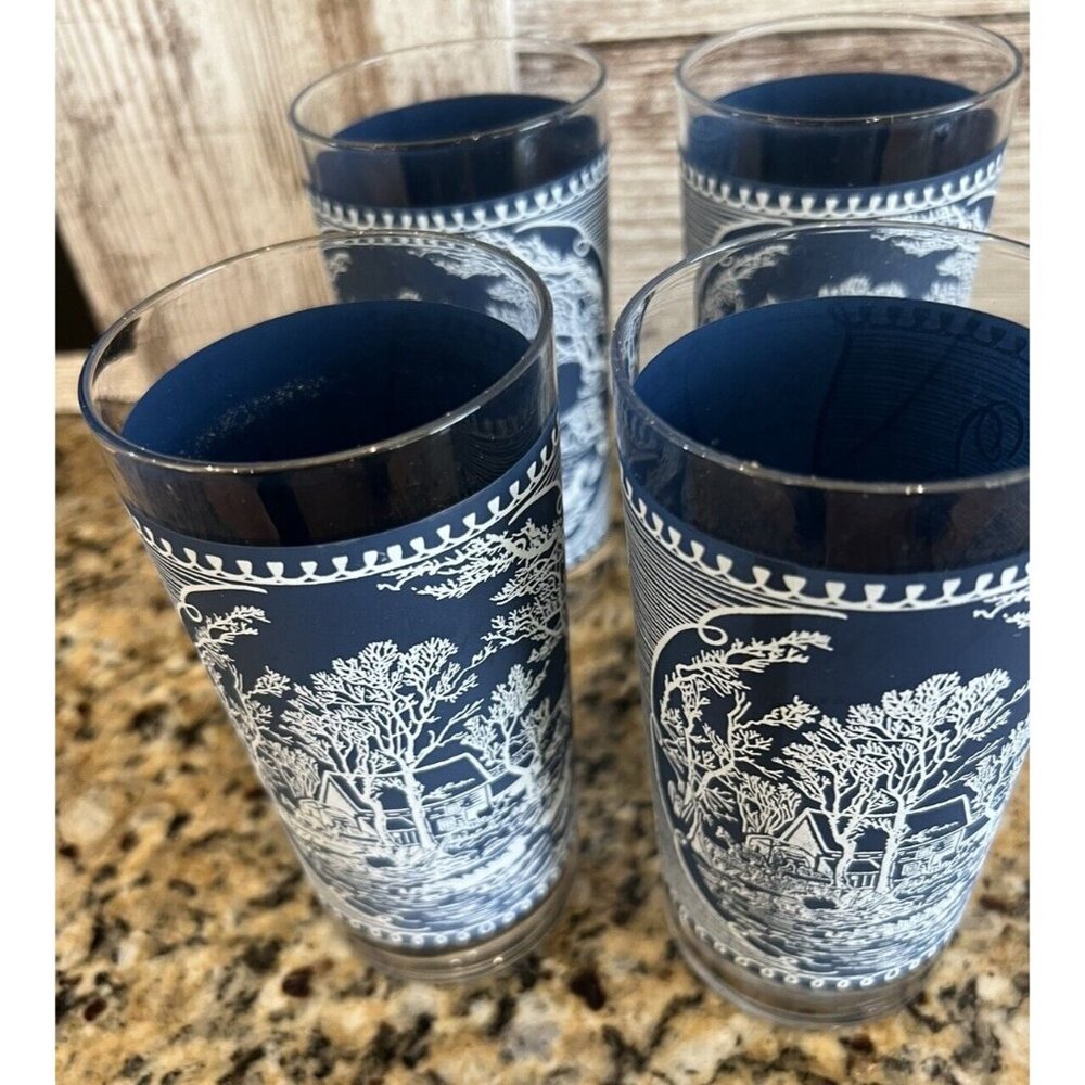 4 Vintage Currier & Ives Tumblers 12 Oz Glasses Blue On White Royal USA